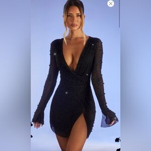 Embellished Wrap Over A-Line Mini Dress in Black